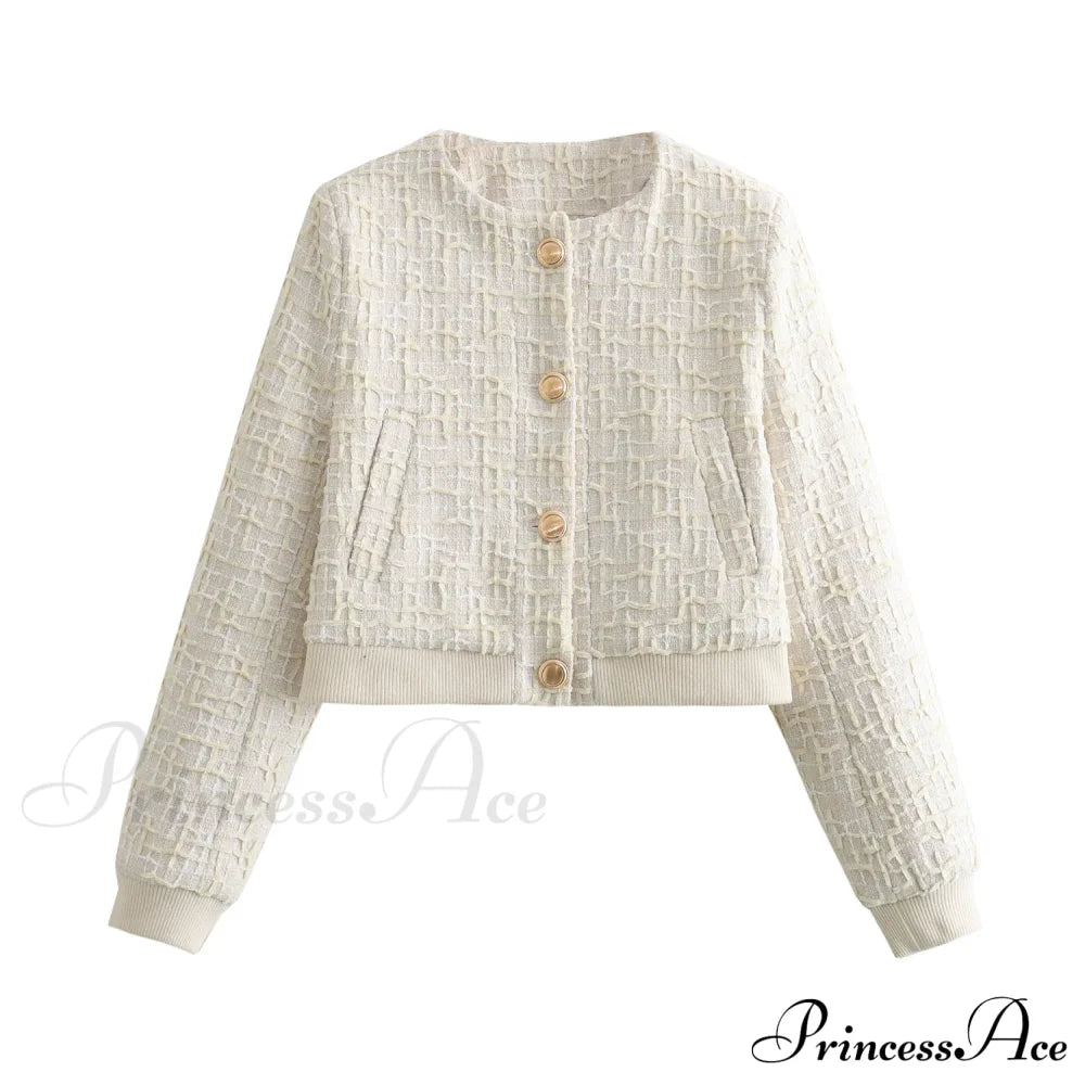 Solid Cropped Tweed Buttoned Round Neck Long Sleeve Short Autumn Stylish Chic Coat