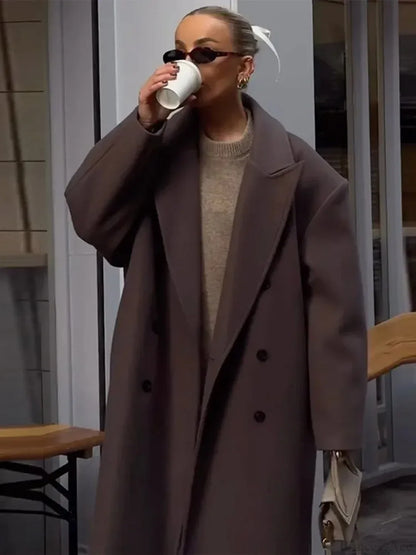 Solid Double-Breasted Turn-Down Overcoat