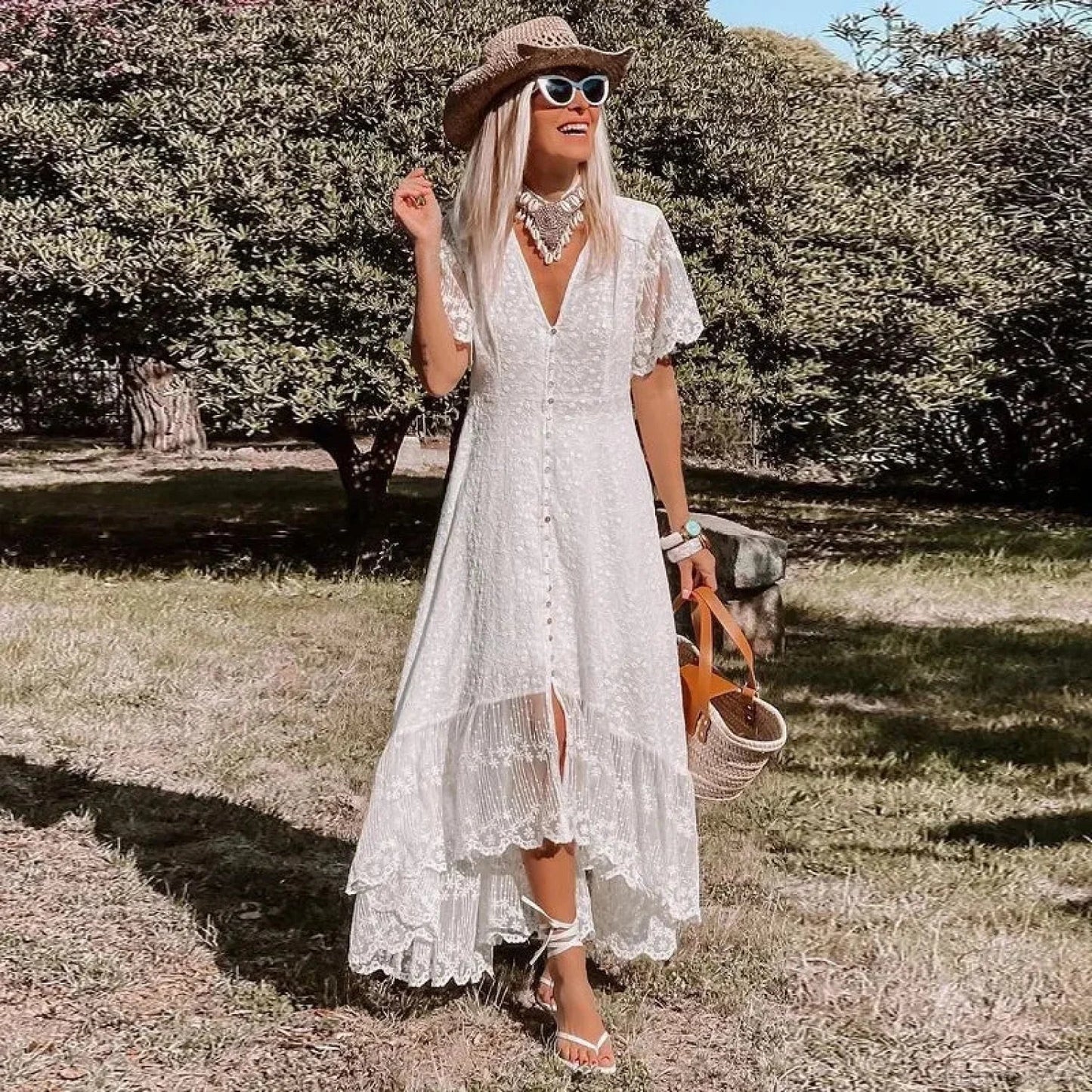 Solid Floral Short Sleeve Boho Dress