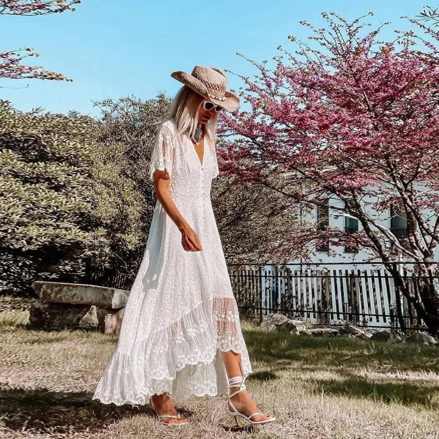Solid Floral Short Sleeve Boho Dress