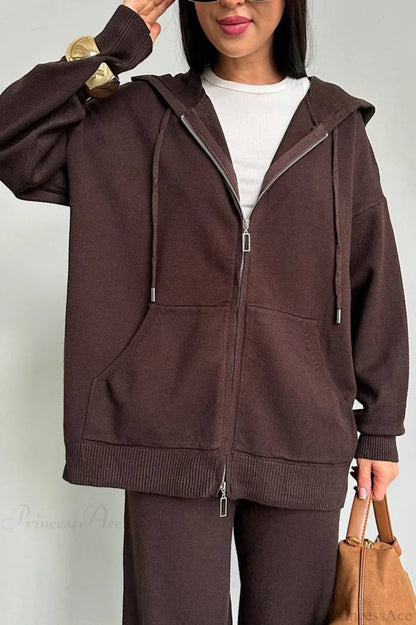 Solid Knit hooded Straight-Leg Two Piece Set