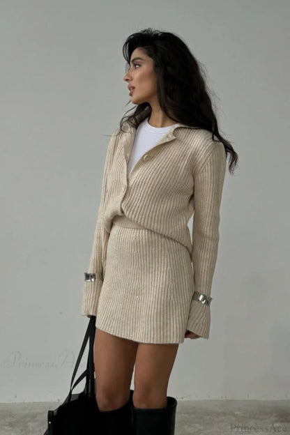 Solid Knit Minimalist Bodycon Cardigan Two Piece Set