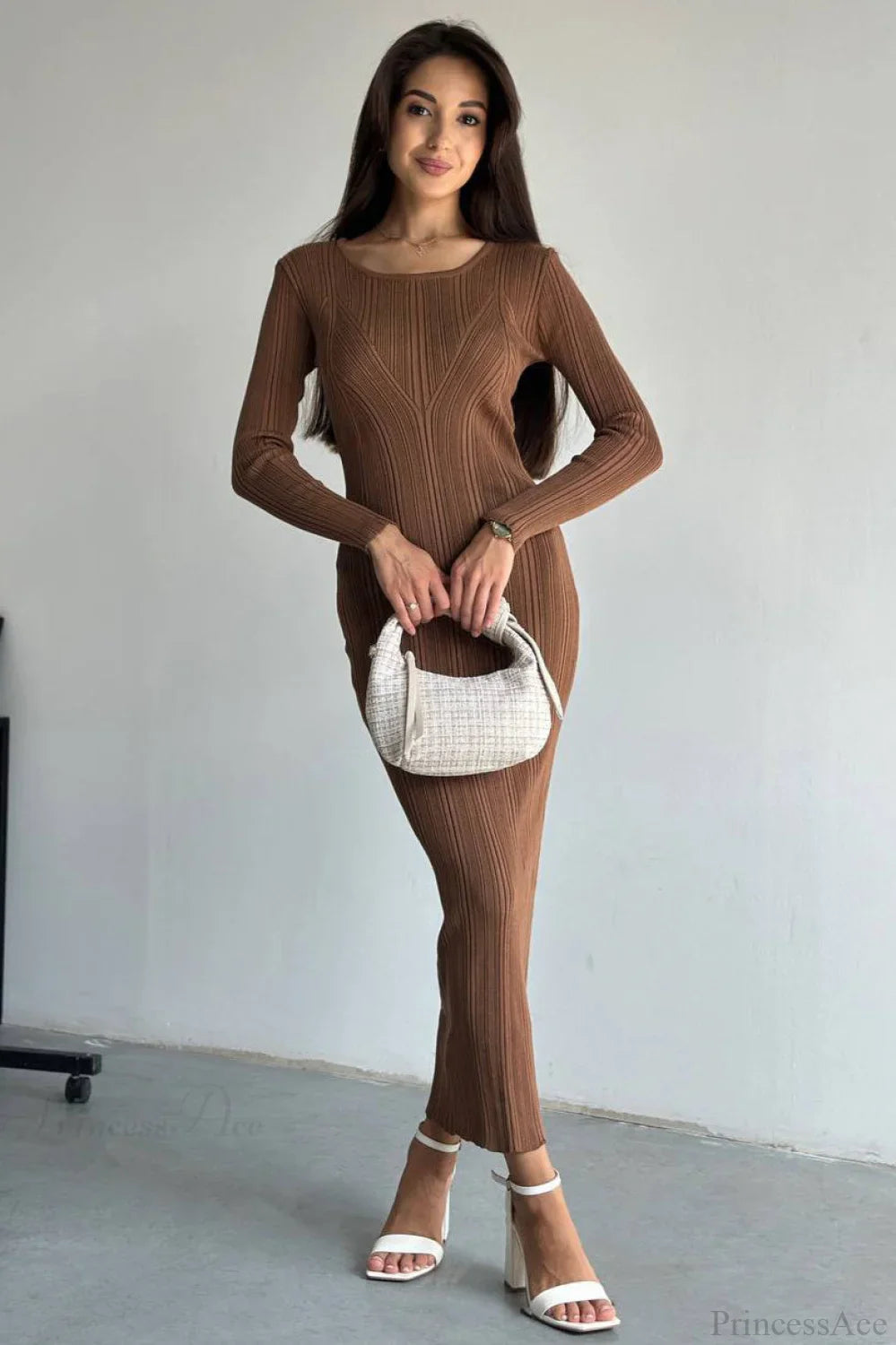 Solid Knit Waisted Long Sleeve Maxi Dress