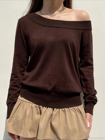 Solid Knitted Slash Neck Long Sleeve Pullover Sweater