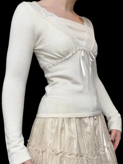 Solid Lace Trim Deep V-Neck Slim Long Sleeve Knit Top