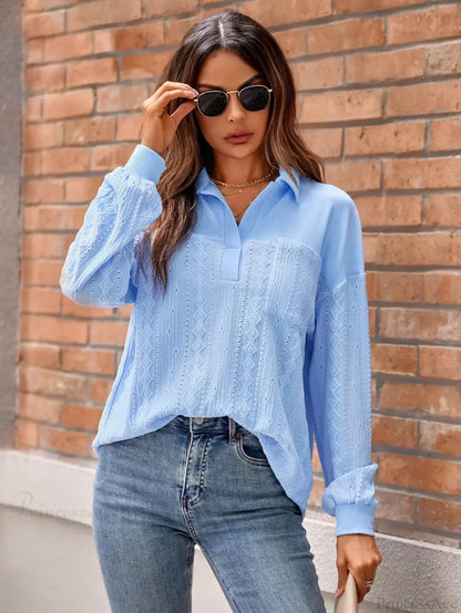 Solid Lapel Pullover Knit Blouse Elegant Blouse