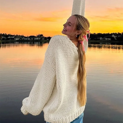 Solid Loose V-Neck Off-Shoulder Sweater