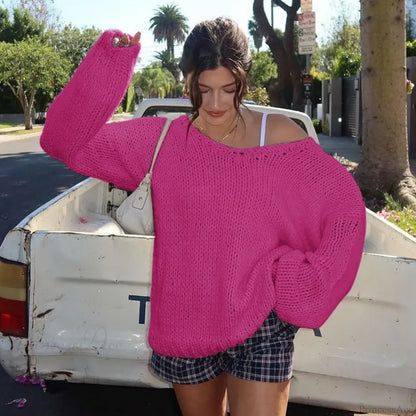 Solid Loose V-Neck Off-Shoulder Sweater