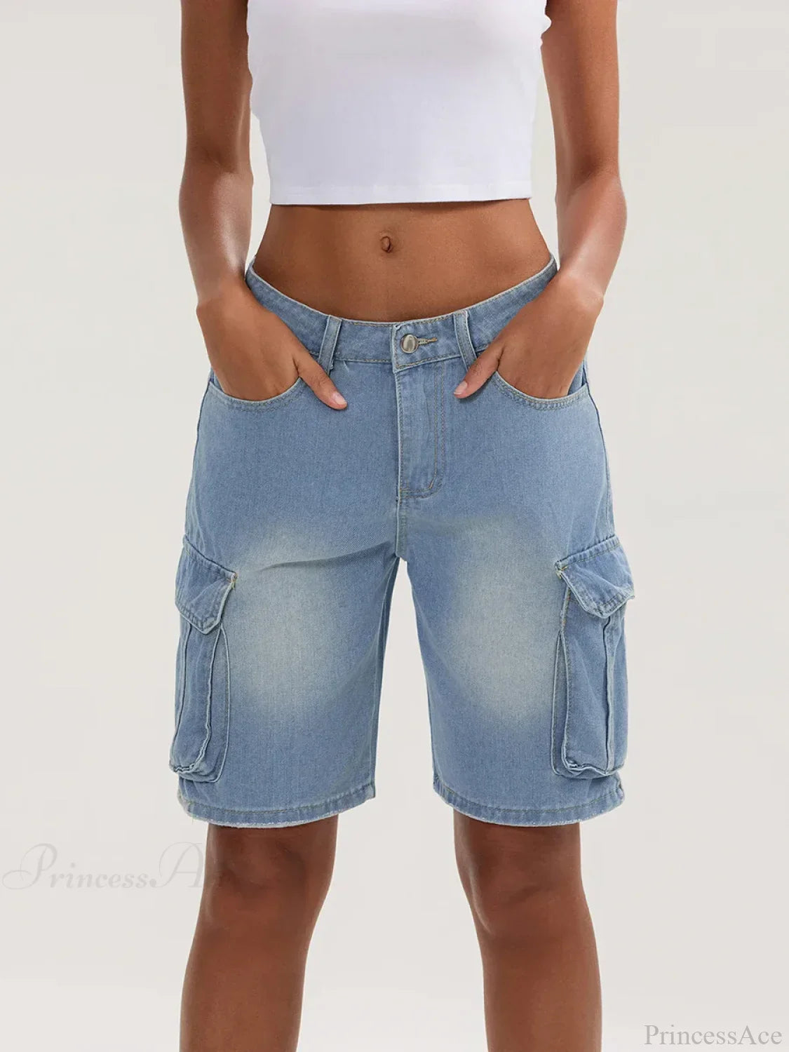 Solid Mid Rise Button Denim Short