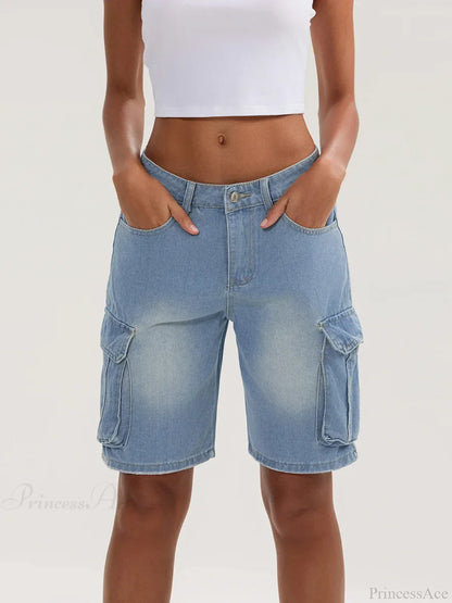 Solid Mid Rise Button Denim Short