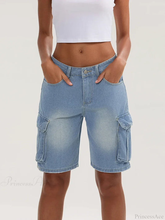 Solid Mid Rise Button Denim Short