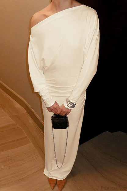 Solid One Shoulder Fitted Split Maxi Dress
