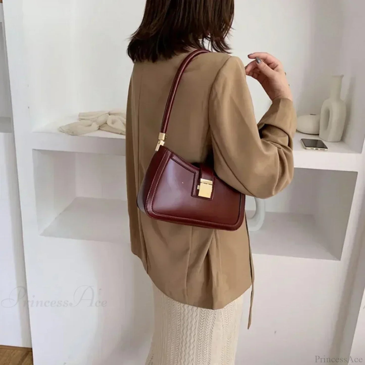 Solid PU Leather Trendy Lock Shoulder Bag