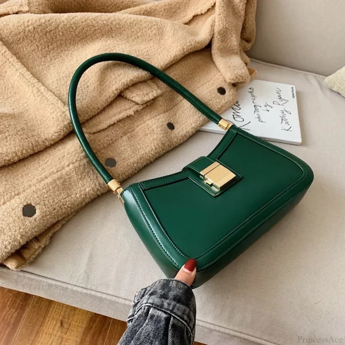 Solid PU Leather Trendy Lock Shoulder Bag