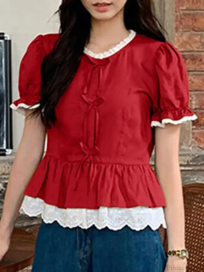 Solid Puff Sleeve Lace Patchwork Stand Collar Blouse