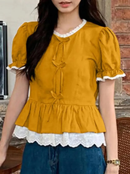 Solid Puff Sleeve Lace Patchwork Stand Collar Blouse