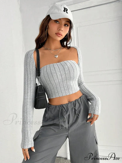 Solid Ribbed Knit Crop Tube Top & Bolero