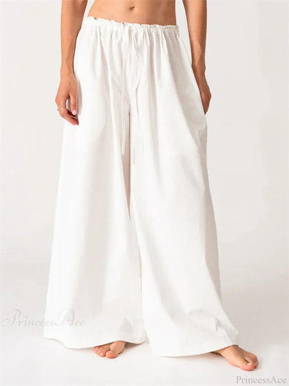 Solid/Striped Baggy Drawstring Casual Wide Pant