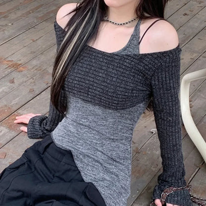 Solid Tank Tie-Up Halter Backless Long Sleeve Knit Top