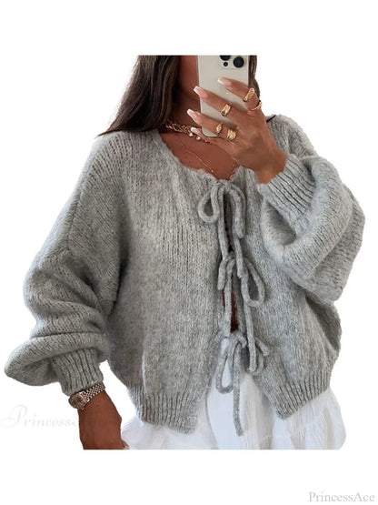 Solid Tie Front Round Neck Loose Cardigan