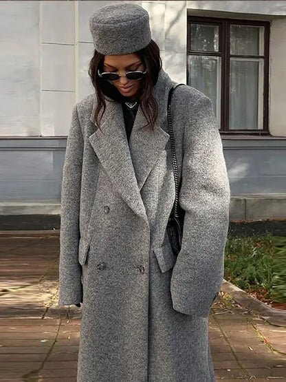 Solid Turn-Down Collar Loose Overcoat