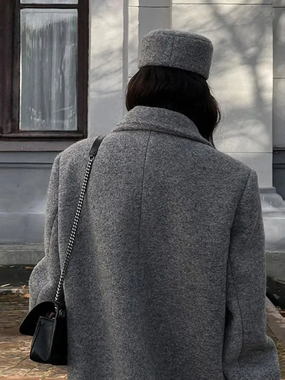 Solid Turn-Down Collar Loose Overcoat