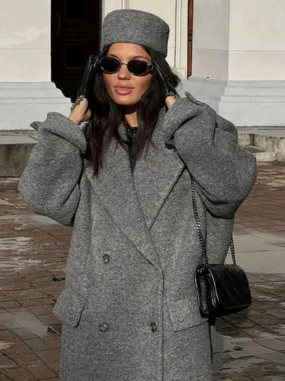 Solid Turn-Down Collar Loose Overcoat