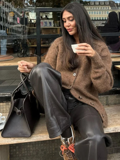Solid V-neck Mohair Loose Cardigan