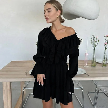 Solid White Cotton Rayon Long Sleeve Ruffle Dress