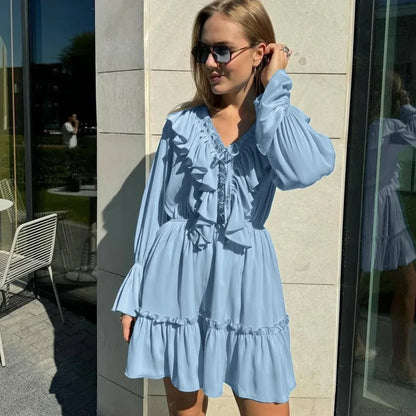 Solid White Cotton Rayon Long Sleeve Ruffle Dress
