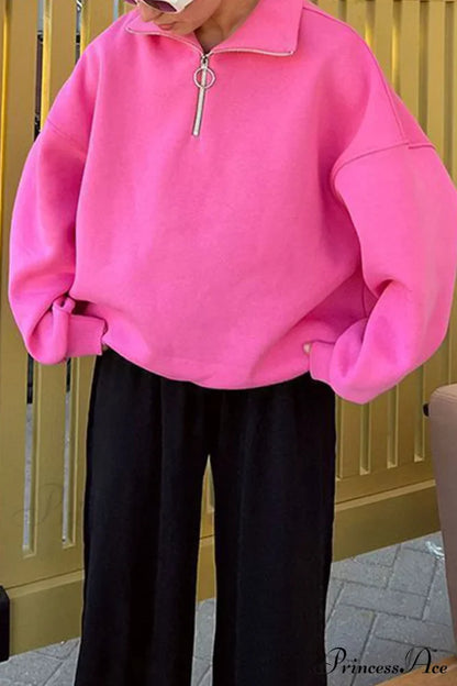 Solid Zipped Lapel Sweatshirt