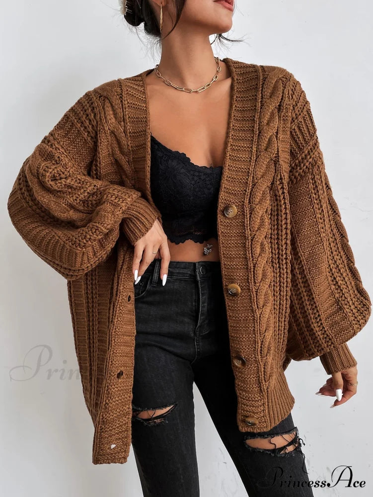 Space Dye Drop Shoulder Cable Knit Lantern Sleeve Cardigan