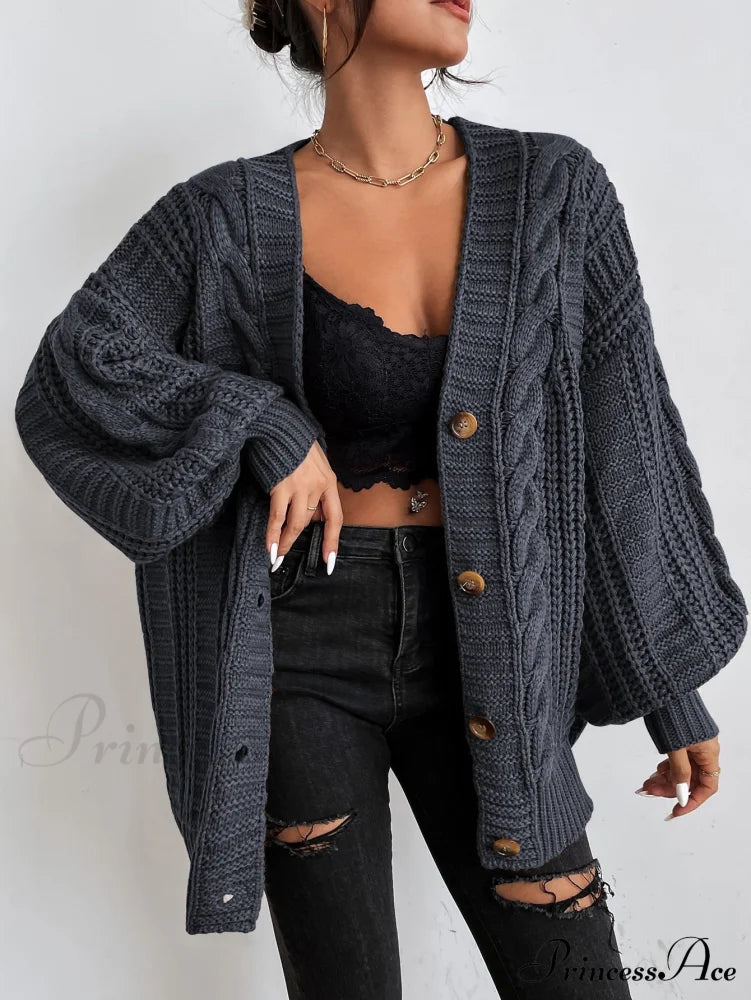 Space Dye Drop Shoulder Cable Knit Lantern Sleeve Cardigan