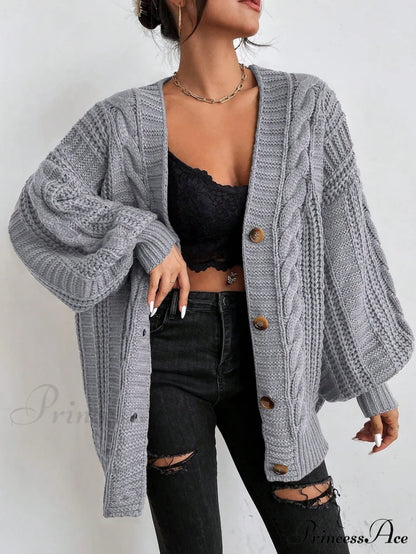 Space Dye Drop Shoulder Cable Knit Lantern Sleeve Cardigan