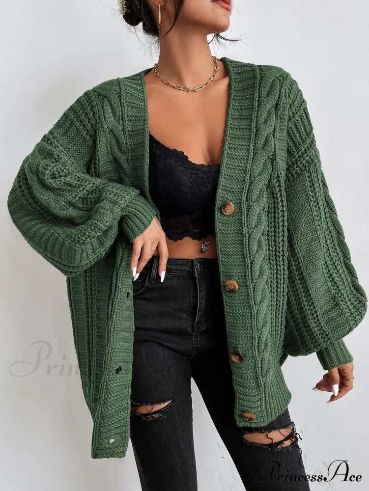 Space Dye Drop Shoulder Cable Knit Lantern Sleeve Cardigan