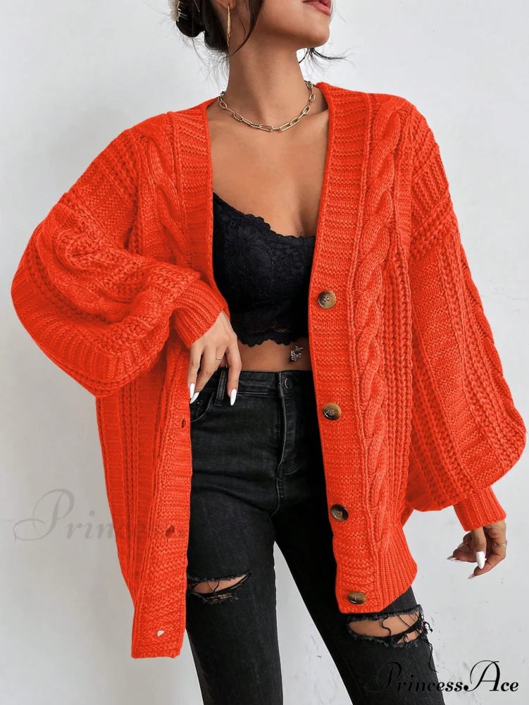 Space Dye Drop Shoulder Cable Knit Lantern Sleeve Cardigan