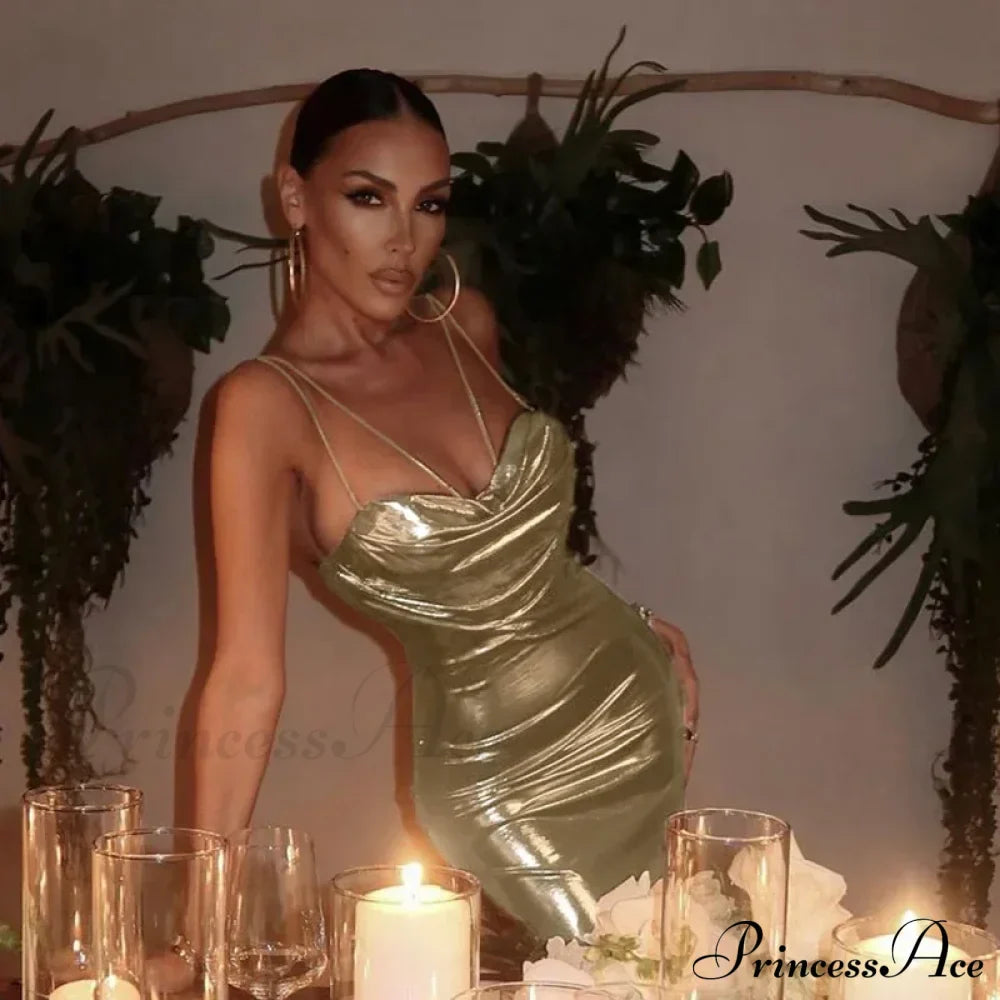Spaghetti Strap Gold Midi Fashion Wrap Chest Slim Backless Summer Party Club Bodycon Dress