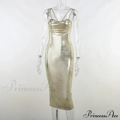 Spaghetti Strap Gold Midi Fashion Wrap Chest Slim Backless Summer Party Club Bodycon Dress