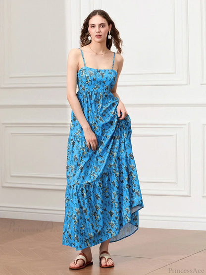 Spaghetti Strap Ruched Backless A-Line Beach Vacation Floral Dress