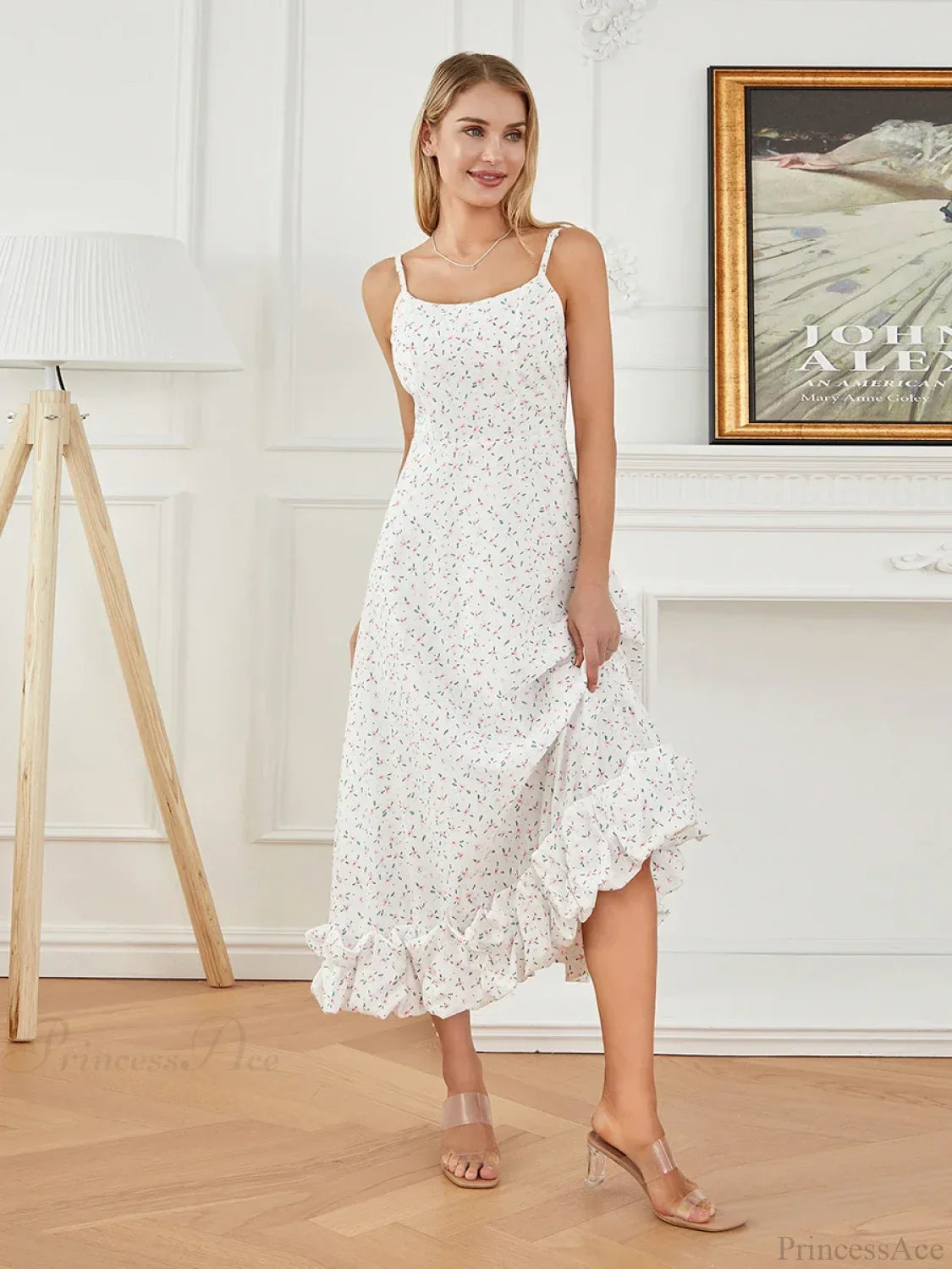Spaghetti Strap Ruffled Long Sweet Sling Bubble Hem A-line Floral Dress