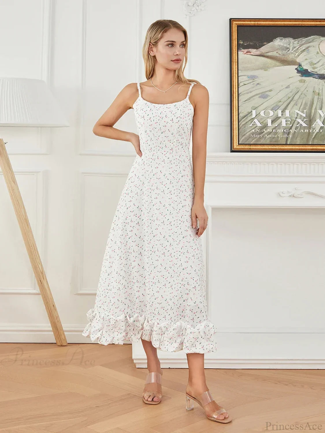 Spaghetti Strap Ruffled Long Sweet Sling Bubble Hem A-line Floral Dress