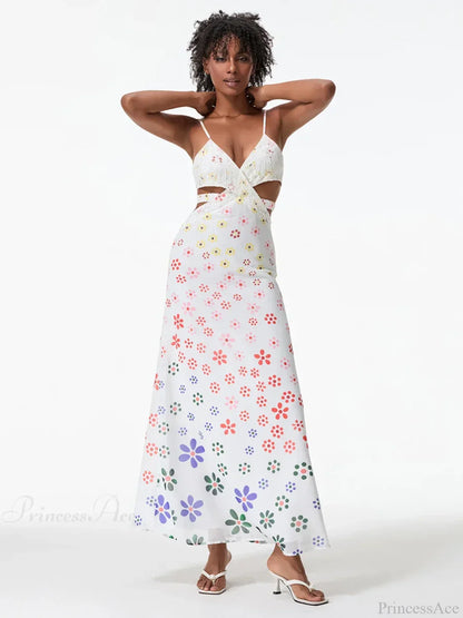 Spaghetti Straps Elegant Backless Bow Cross Floral Dress