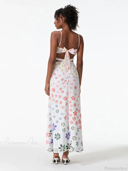 Spaghetti Straps Elegant Backless Bow Cross Floral Dress