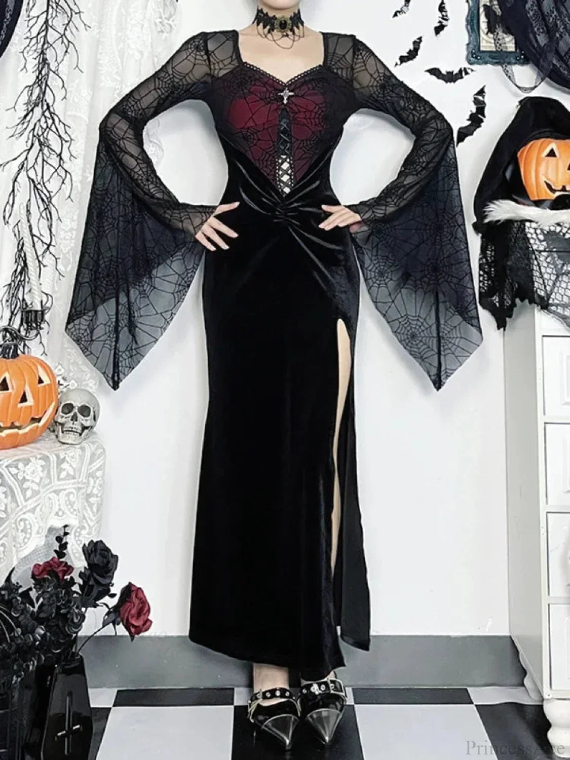 Spider Web Mesh Corset Long Dress