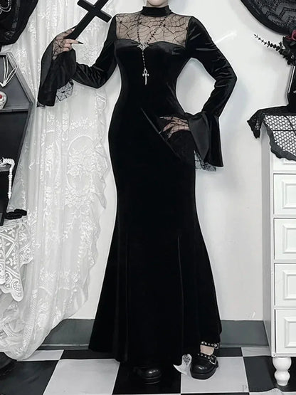 Spider Web Mesh Patchwork Long Dress