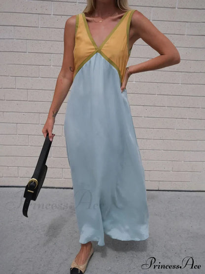 Splicing Chic V-neck Charming Contrasting Color Dress