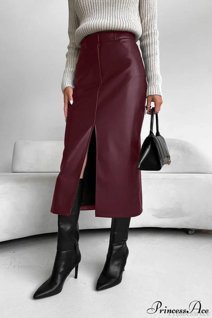 Split Design Fleece Lined Faux Leather Vintage Skirt