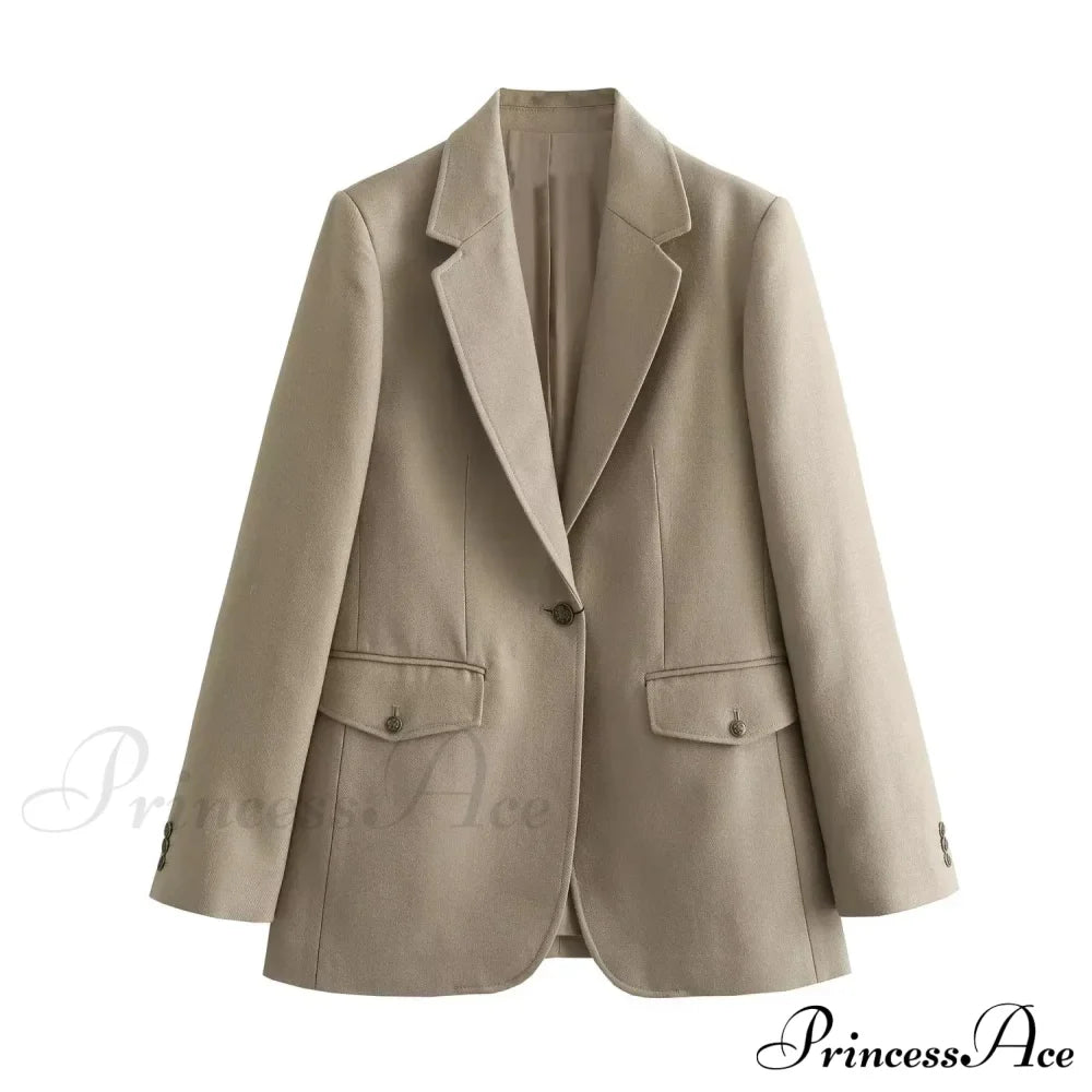 Spring Autumn One Button BF Boyfriend Vintage Long Sleeve Khaki Blazer