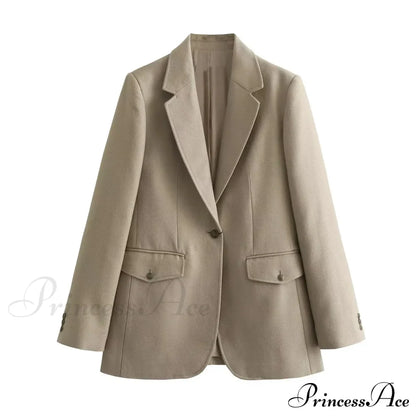 Spring Autumn One Button BF Boyfriend Vintage Long Sleeve Khaki Blazer