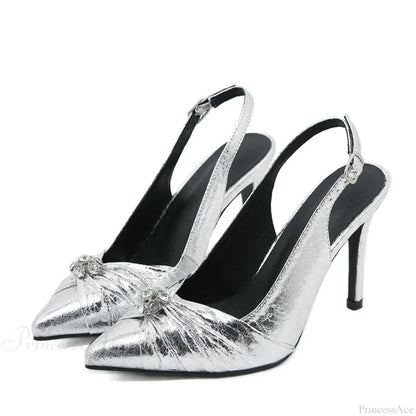 Spring Shoes Pumps Pleated Pointed-Toe Silver High-Heels Sexy Back-Buckle Strap Stiletto High Heel